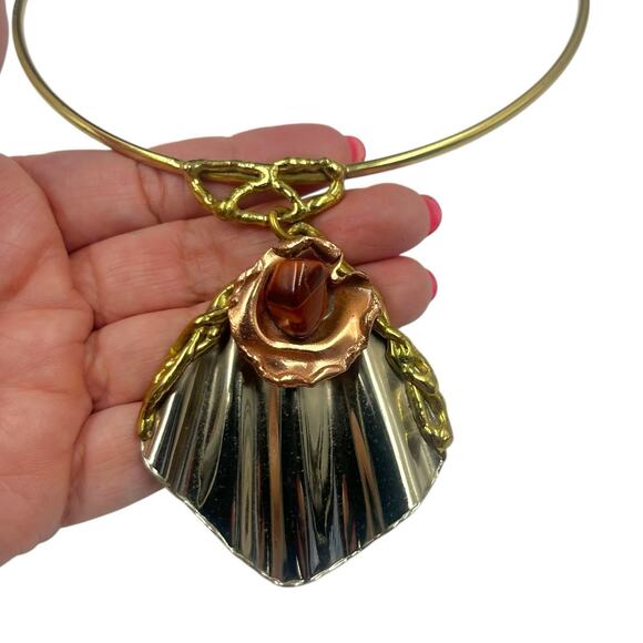 VINTAGE 1980s 1990s BOHO ARTISAN MIXED METAL & STONE CHOKER PENDANT NECKLACE EUC - Picture 3 of 4